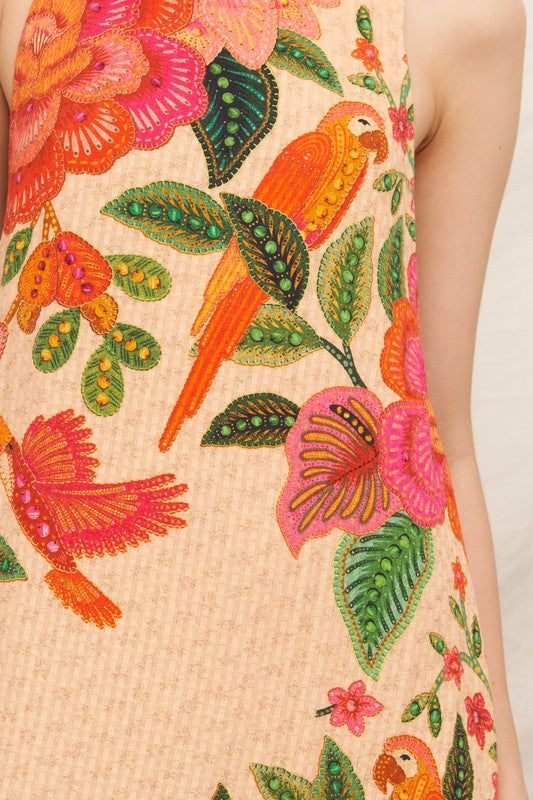 "SOUTH OF THE EQUATOR" TEXTURED TROPICAL PRINT MAXI DRESS