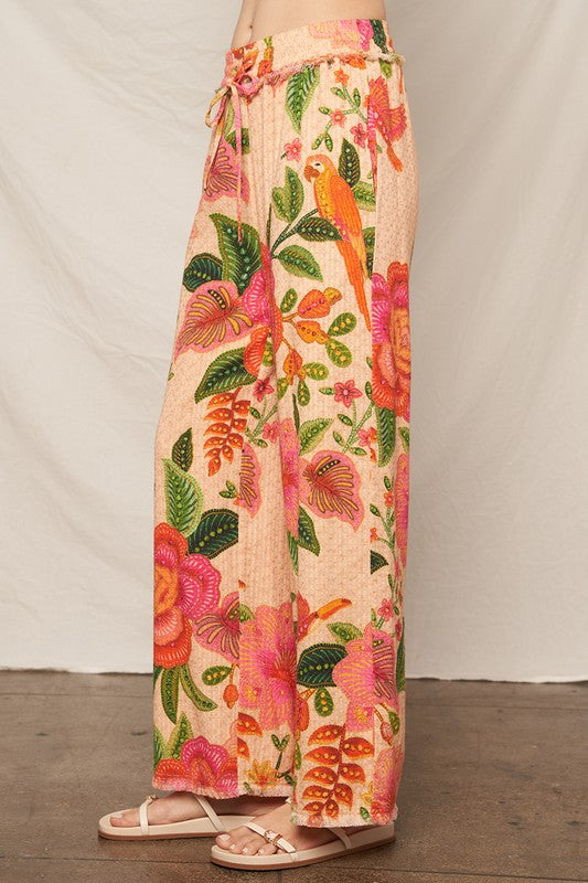 "SOUTH OF THE EQUATOR" TEXTURED TROPICAL PRINT PANTS