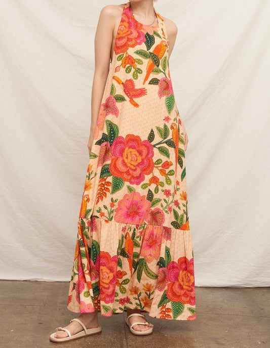 "SOUTH OF THE EQUATOR" TEXTURED TROPICAL PRINT MAXI DRESS