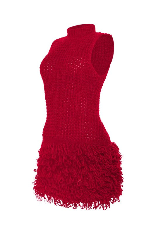 The Marin Fringe Knit Mini Dress- CRIMSON FLAME