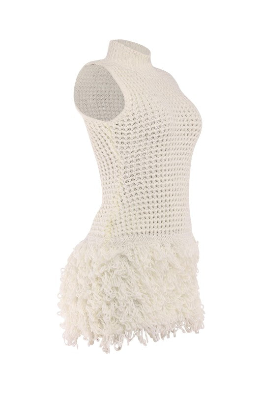 The Marin Fringe Knit Mini Dress- WINTER PEARL