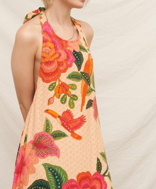 "SOUTH OF THE EQUATOR" TEXTURED TROPICAL PRINT MAXI DRESS