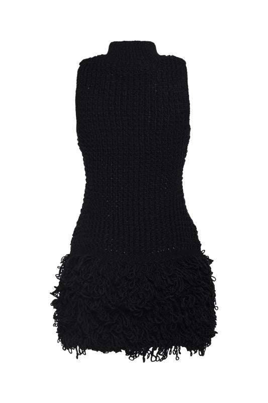 The Marin Fringe Knit Mini Dress- MIDNIGHT NOIR