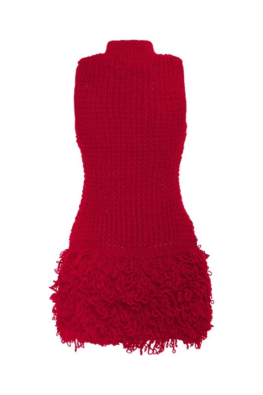 The Marin Fringe Knit Mini Dress- CRIMSON FLAME