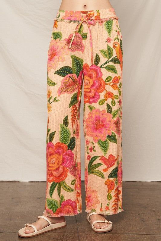 "SOUTH OF THE EQUATOR" TEXTURED TROPICAL PRINT PANTS