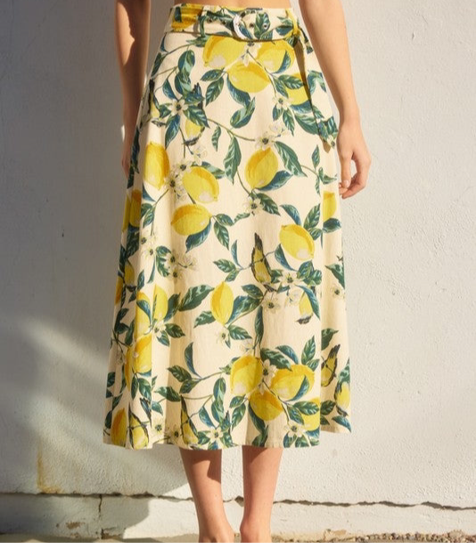 VINTAGE LEMON GARDEN BUCKLED A LINE MIDI SKIRT