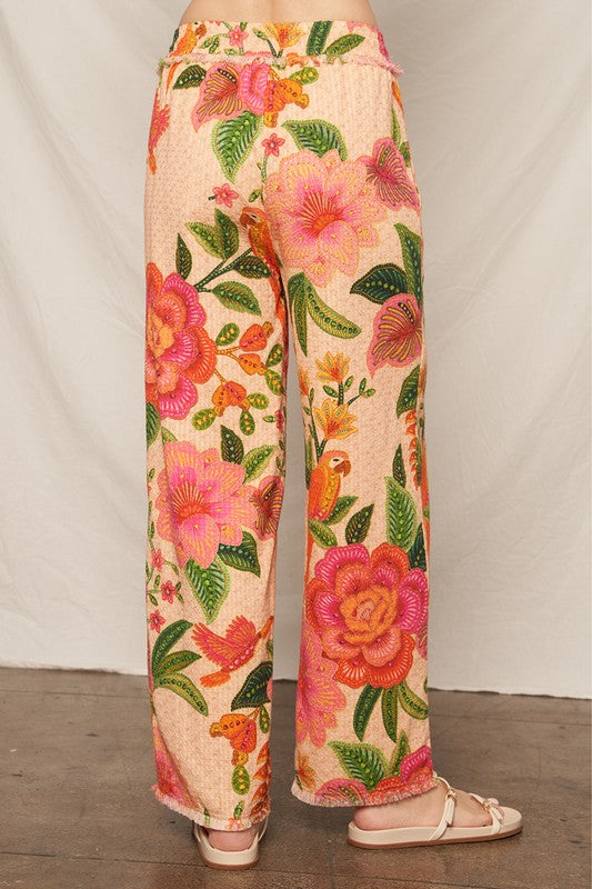 "SOUTH OF THE EQUATOR" TEXTURED TROPICAL PRINT PANTS