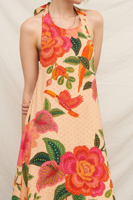 "SOUTH OF THE EQUATOR" TEXTURED TROPICAL PRINT MAXI DRESS