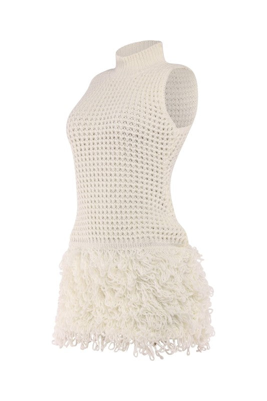 The Marin Fringe Knit Mini Dress- WINTER PEARL