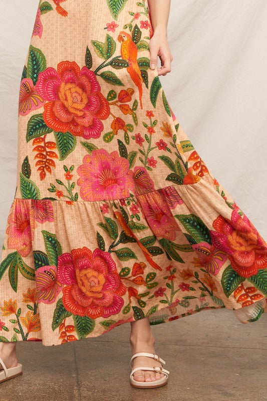 "SOUTH OF THE EQUATOR" TEXTURED TROPICAL PRINT MAXI DRESS