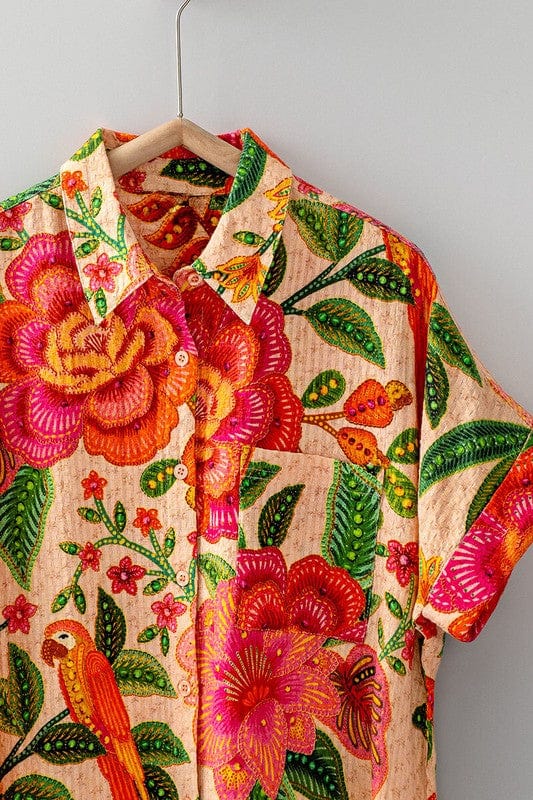 "SOUTH OF THE EQUATOR" TEXTURED TROPICAL PRINT BUTTON DOWN SHIRT