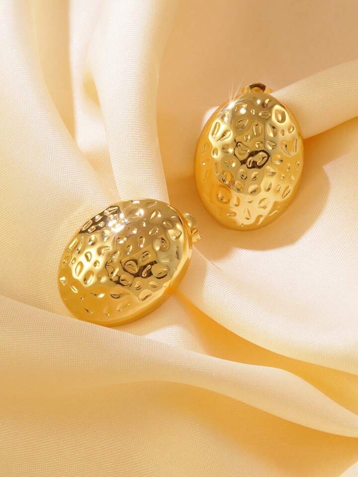 Steel OVAL Hammered Texture Stud Earrings