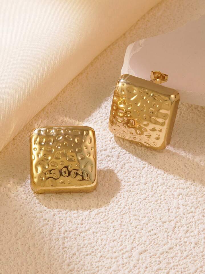 Steel SQUARE Hammered Texture Stud Earrings