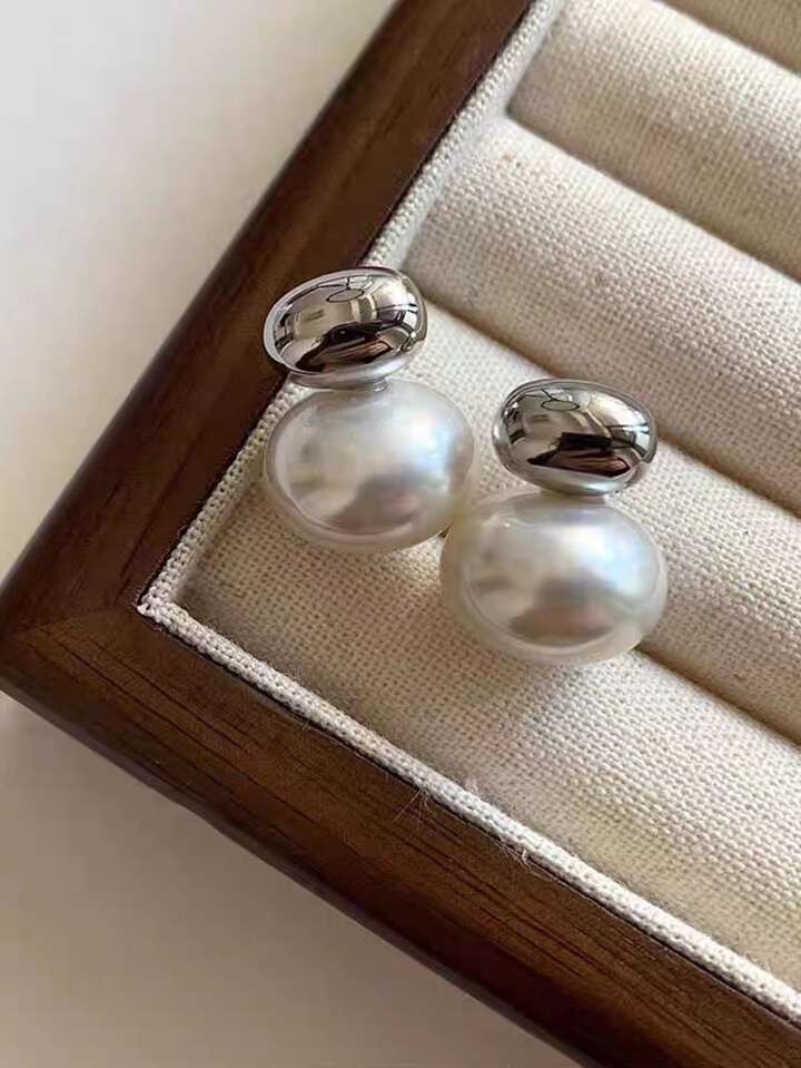Pearl Two Tone Metal Stud Earrings