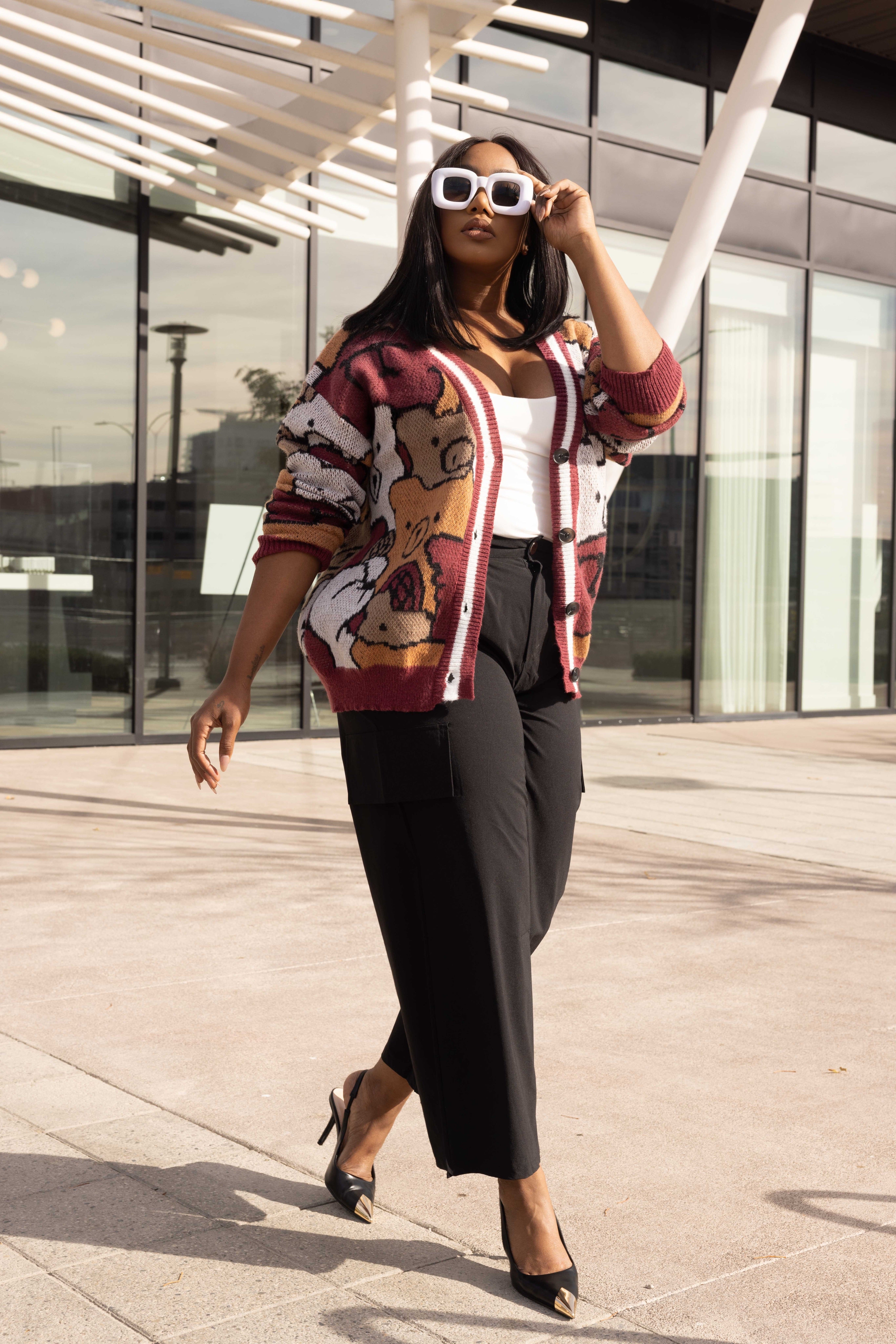 MY FAVORITE TEDDY BEAR PRINT CARDIGAN- MAROON MULTI