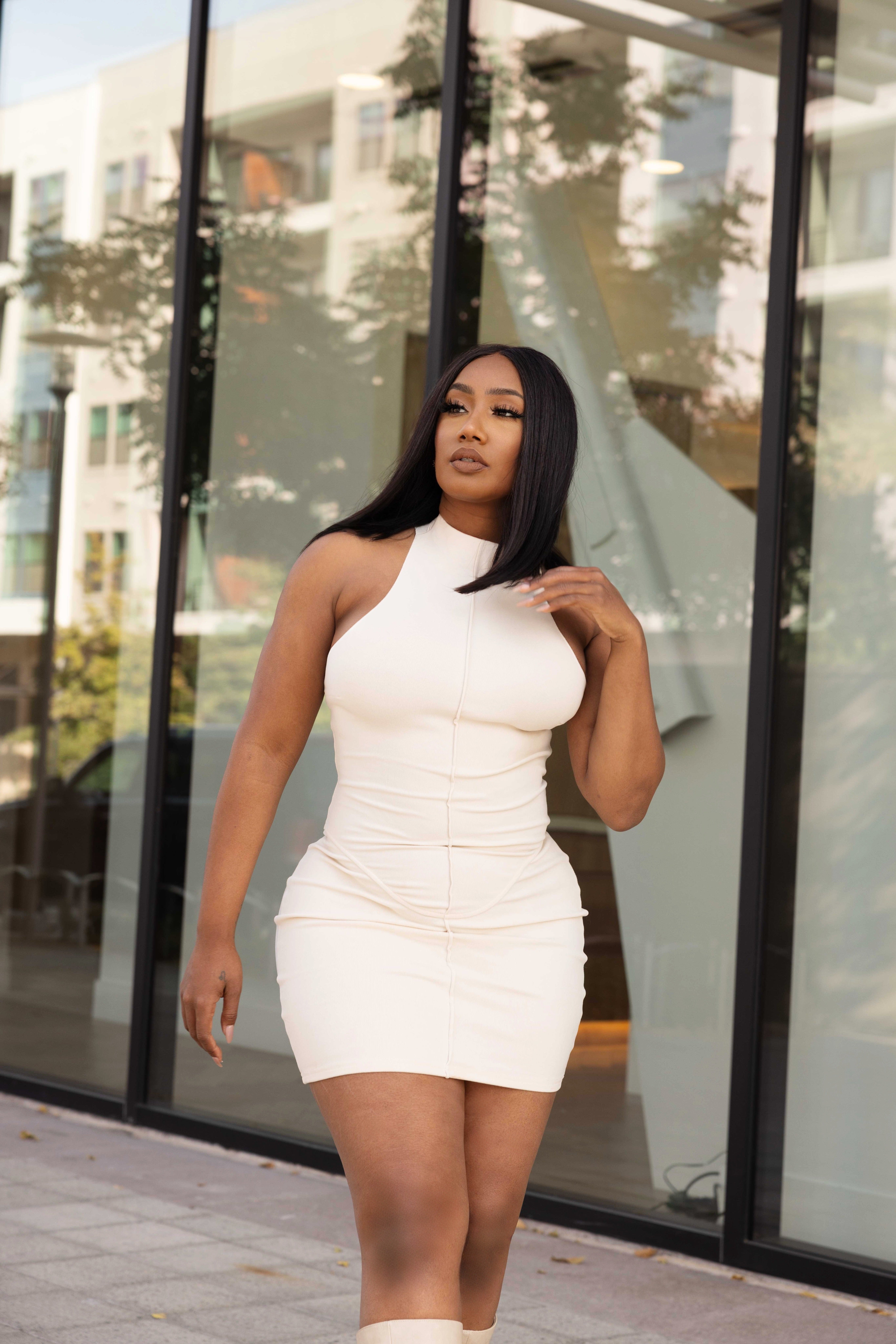 JOVIE MOCKNECK MINI DRESS- IVORY