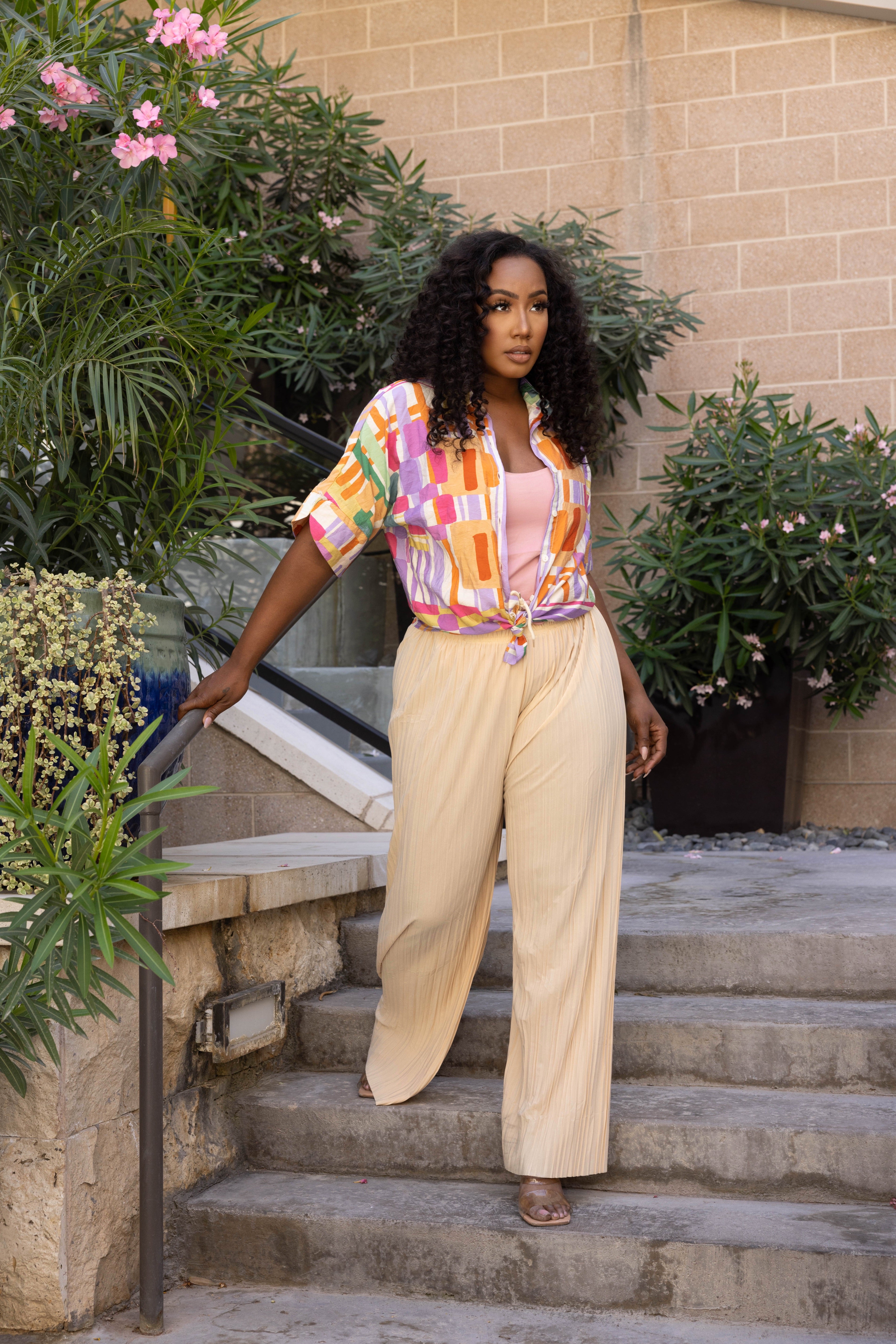 SAVE BY THE BELL BUTTON DOWN TOP -PINK MULTI