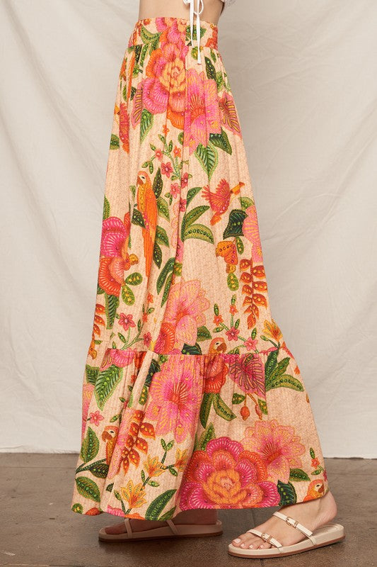 "SOUTH OF THE EQUATOR" TEXTURED TROPICAL PRINT MAXI SKIRT