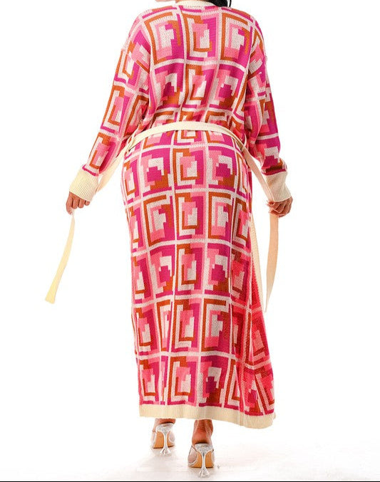 ASCAYA KNITTED PRINT CARDIGAN BELTED - PINK MULTI
