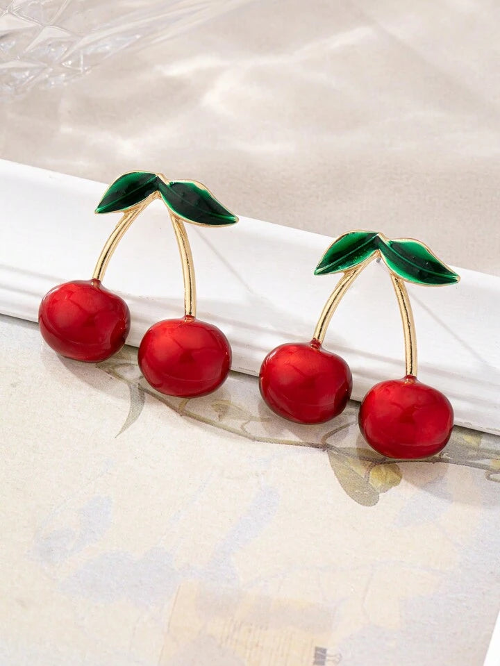 METALLIC CHERRY STUD EARRINGS - RED