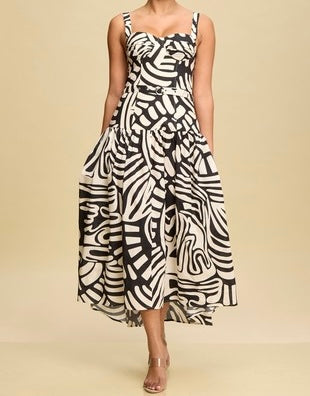 MYAN TRIBAL MIDI BELTED DRESS - BLACK MULTI