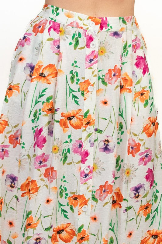 FIELDS OF FLOWERS BUTTON SKIRT- PINK/ORANGE