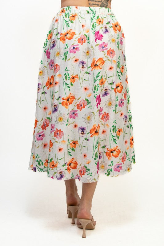 FIELDS OF FLOWERS BUTTON SKIRT- PINK/ORANGE