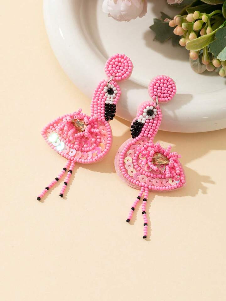 FLAMINGO BEADED DANGLE EARRINGS - LIGHT PINK