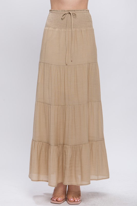 ON THE BOARDWALK SMOCKED MAXI SKIRT - KHAKI