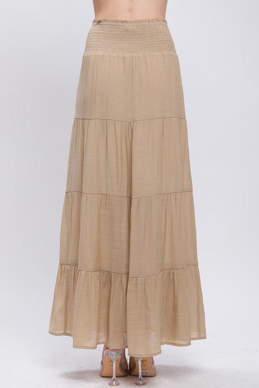 ON THE BOARDWALK SMOCKED MAXI SKIRT - KHAKI