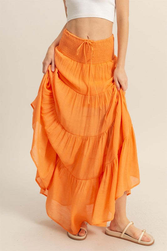 IN THE WIND DRAWSTRING MAXI SKIRT - BRIGHT ORANGE