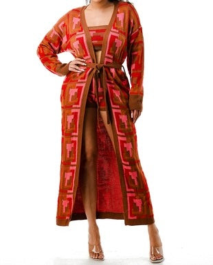 ASCAYA KNITTED PRINT CARDIGAN BELTED - BROWN MULTI
