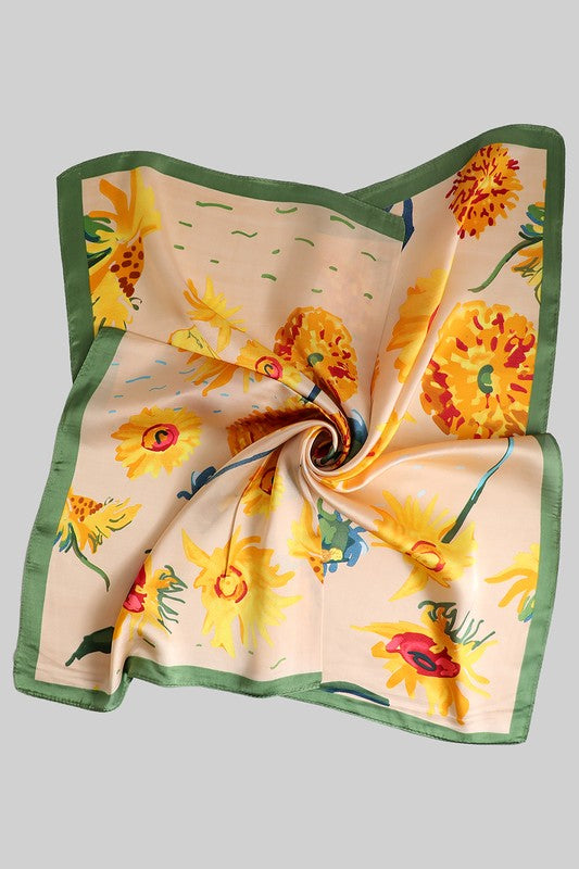 YELLOW FLOWER  PRINT SILKY SQUARE  SCARF