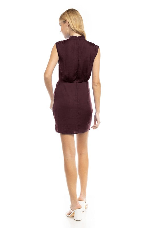 JOANNA SATIN MOCK NECK MINI DRESS- CABERNET