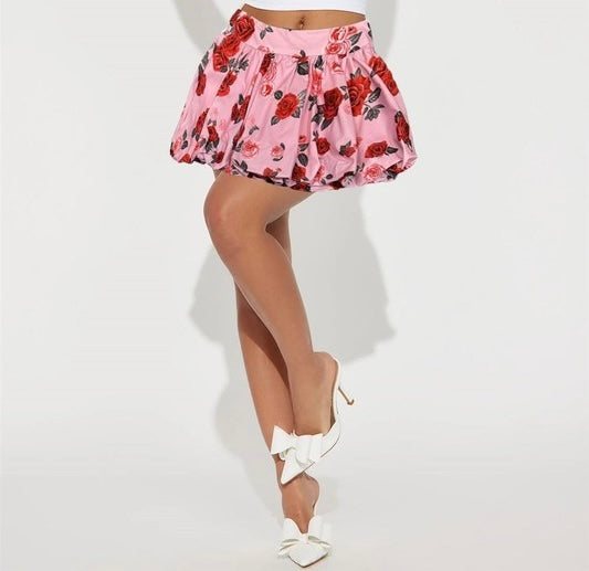 IN FULL BLOOM  FLORAL BUBBLE HEM MINI SKIRT - PINK  MULTI