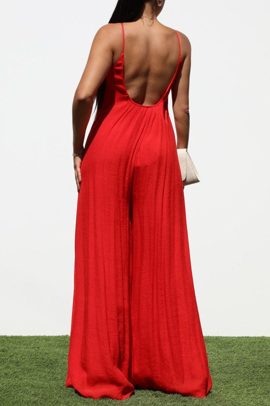 CAMELLA LOOSE FIT LINEN JUMPSUIT- ROUGE RED