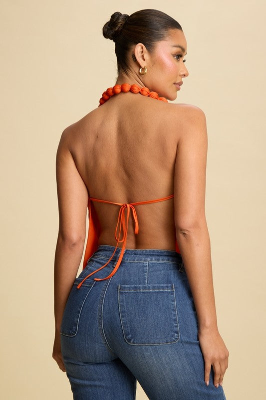 SAMANTHA BEADED ACCENT COWL TOP- ORANGE