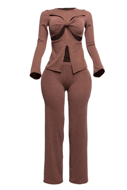 LET THEM TALK CUTOUT PANTS SET - CHOCOLATE