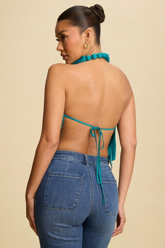 SAMANTHA BEADED ACCENT COWL TOP- TEAL