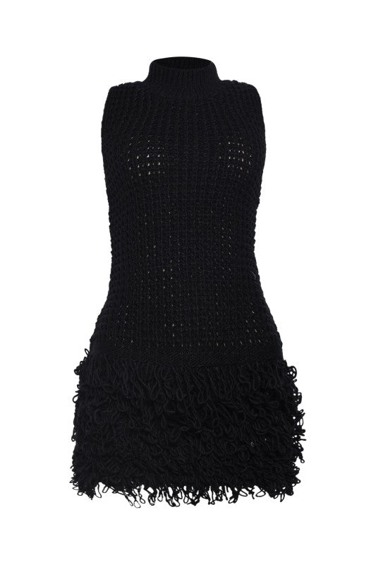 The Marin Fringe Knit Mini Dress- MIDNIGHT NOIR