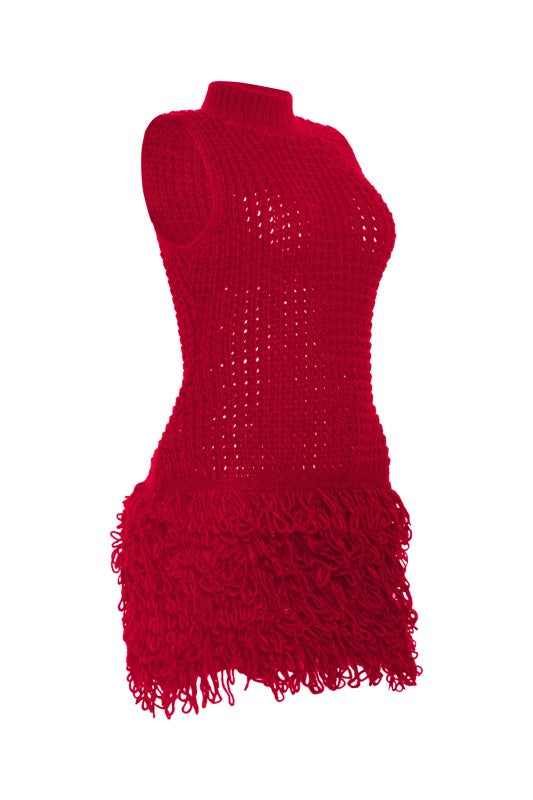 The Marin Fringe Knit Mini Dress- CRIMSON FLAME