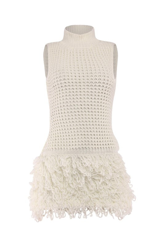 The Marin Fringe Knit Mini Dress- WINTER PEARL