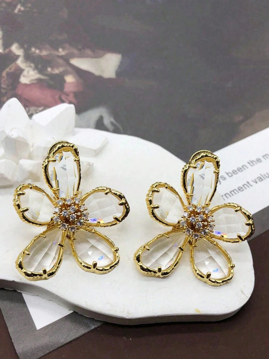 ROMANCE  FLOWER DANGLE DROP EARRINGS - GOLD CRYSTAL