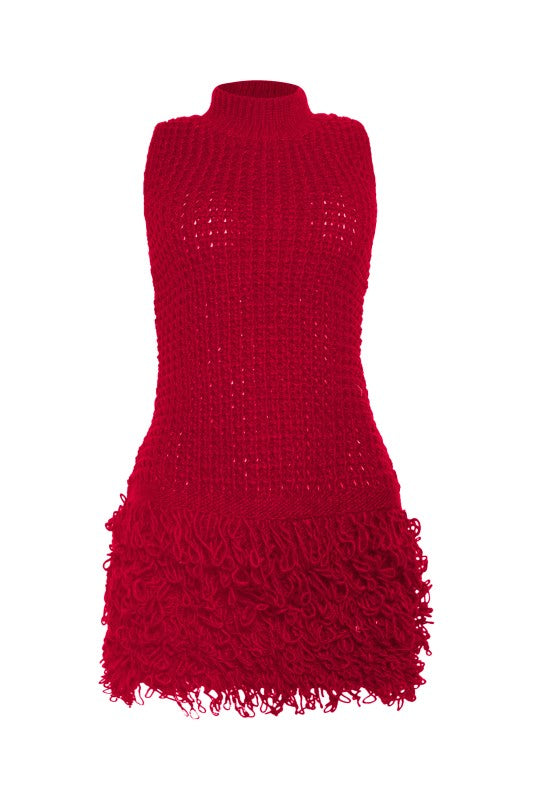 The Marin Fringe Knit Mini Dress- CRIMSON FLAME