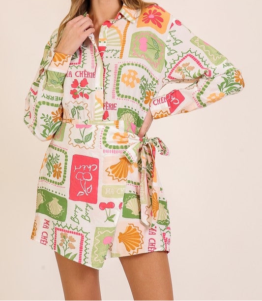 MON CHERI TIE WRAP ROMPER - GREEN MULTI
