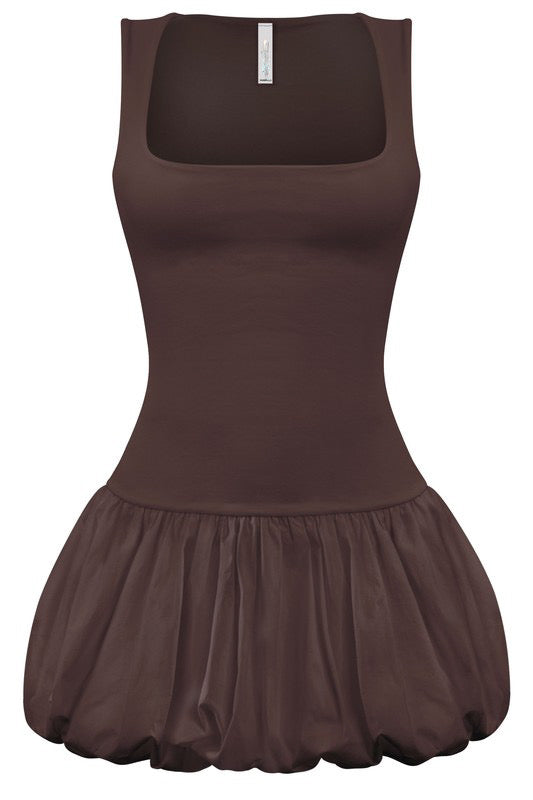 JUST A GIRL BUBBLE HEM DRESS - CHOCOLATE BROWN