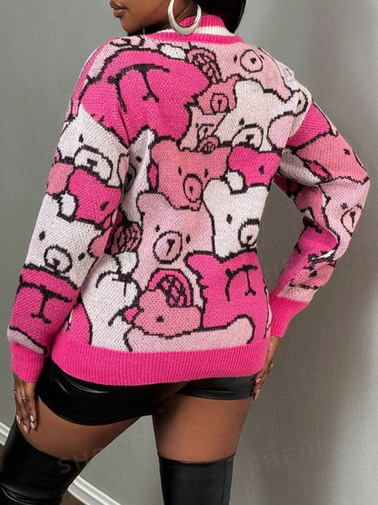 MY FAVORITE TEDDY BEAR PRINT CARDIGAN- PINK MULTI