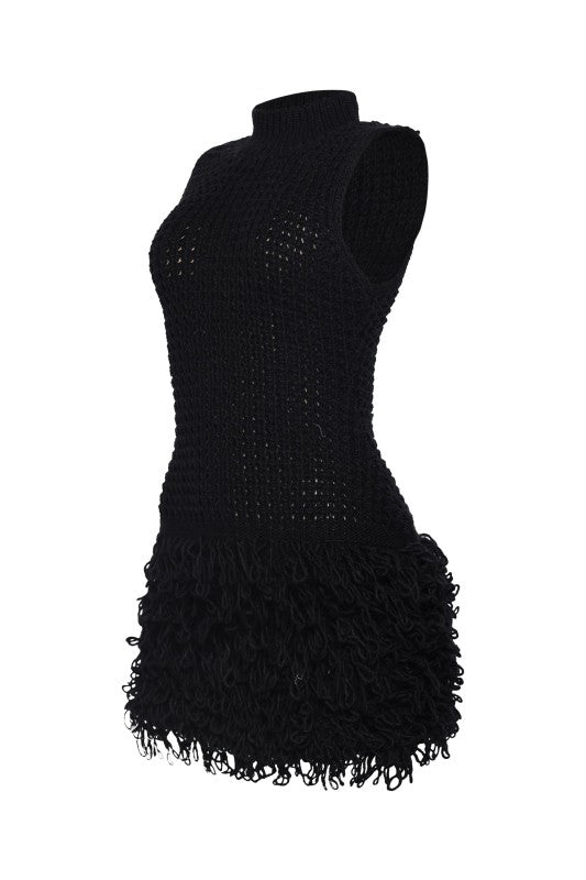 The Marin Fringe Knit Mini Dress- MIDNIGHT NOIR