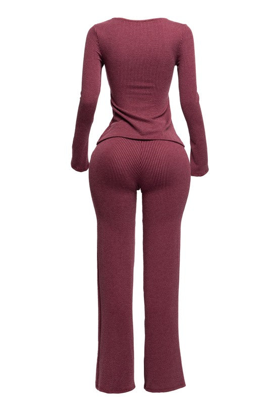 LET THEM TALK CUTOUT PANTS SET - BURGUNDY