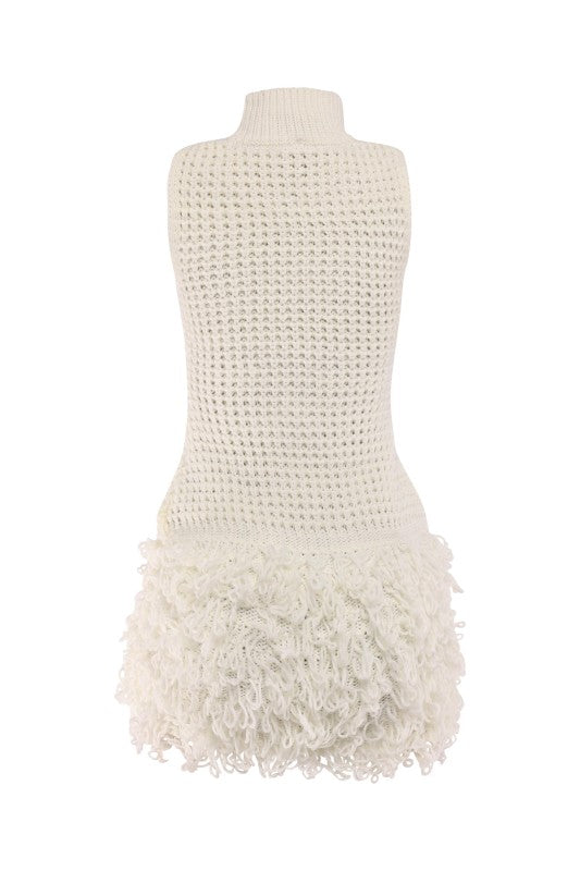 The Marin Fringe Knit Mini Dress- WINTER PEARL